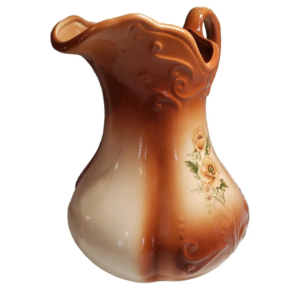 Antique Ironstone‎ USA Water Pitcher Copper Rust Ombre Floral